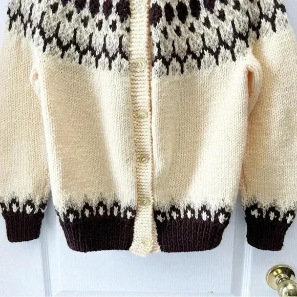 Hand Knit Cardigan Button Up Sweater Fair Isle Yellow and Brown  Size Small - Picture 6 of 13
